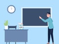 Teacher at blackboard, man teaching math in school or college. Professor standing at chalkboard, lesson time. Flat study Royalty Free Stock Photo