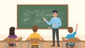 Teacher at blackboard with math equations, students at desks, one with hand raised in a classroom Royalty Free Stock Photo