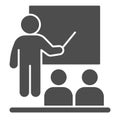 Teacher at the blackboard and students solid icon, education concept, lesson in the class sign on white background Royalty Free Stock Photo