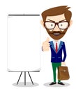 Teacher with blank poster, vector illustration