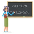 Teacher book female study pupil student class education lesson character icon classroom school board background vector