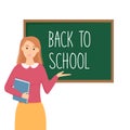 Teacher with book near schoolboard. Back to school concept. Vector illustration