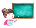 Teacher with book and pointer near the blackboard explaining a lesson Watercolor Back to school