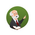 Teacher cartoon character in circle isolated vector icon. Professor with open book and chalk in his hands education illustration Royalty Free Stock Photo