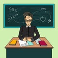 Teacher Cartoon Character, sitting at the desk in the classroom