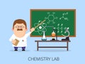 Teacher in chemical laboratory, class experiments, school board with formulas Royalty Free Stock Photo