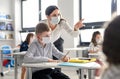 Teacher and children with face mask back at school after covid-19 quarantine and lockdown. Royalty Free Stock Photo