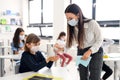 Teacher, children with face mask at school after covid-19 quarantine and lockdown. Royalty Free Stock Photo