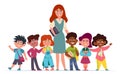 Teacher with children. Happy multiethnic girls and boys schoolchildren and woman pedagogue cartoon vector education