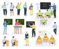 Teacher, children in school, education, lessons set of vector illustrations. Little students and man teaching. Classroom