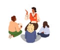 Teacher and children sitting in circle on floor. Educator speaking to elementary school kids group, teaching. Woman and