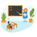 Teacher in the classroom near the blackboard with a pointer. Child with dyslexia disorder in school. School class with