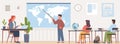 Teacher in classroom. Student answers at blackboard, geography lesson, boy with pointer, world map, kids learning