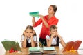 The teacher considers the number of notebooks handed over, the girls in the foreground frankly miss Royalty Free Stock Photo