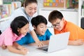 Teacher and Cute Asian children using laptop computer together. Royalty Free Stock Photo