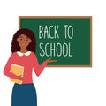 Teacher with dark tone skin near schoolboard. Back to school concept. Vector illustration