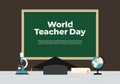 Teacher day background with board, hat, book, globe and microscope