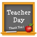 Teacher Day, Thank You! wood chalkboard, chalk, big red apple.