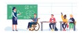 Teacher and disabled boy in wheelchair near blackboard. Woman teaches injured student. School classroom. Math lesson Royalty Free Stock Photo