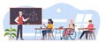 Teacher and diverse children learn in classroom, child with disability learns while sitting in wheelchair. Cartoon flat