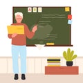 Teacher in English class at school, old man in glasses teaching, holding painter and book Royalty Free Stock Photo