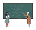 Teacher explains to student algebra on the blackboard vector illustration