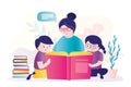 Teacher explains to students topic of textbook. Mom reads interesting book to children. Nanny with boy and girl reads storybook Royalty Free Stock Photo