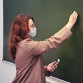 A teacher in a face mask writes a text in chalk on a school blackboard. Concept of problems online school during the coronavirus Royalty Free Stock Photo