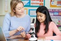 Teacher With Female Student Using Microscope In Science Class Royalty Free Stock Photo