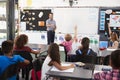 Teacher at front of class in an elementary school lesson