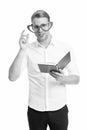 Teacher funny guy. Male student reading. Student handsome diligent man. Self improvement literature. University student Royalty Free Stock Photo