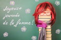 Teacher girl and Congratulations in French with the International Women`s Day