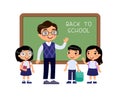 Teacher greeting pupils in classroom flat vector illustration Royalty Free Stock Photo