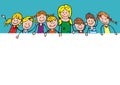 Teacher and group of happy children, front view, banner, vector funny illustration