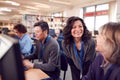 Teacher With Group Of Mature Adult Students In Class Working At Computers In College Library