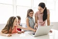 Teacher with a group of school children with laptop on the front