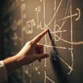 Teacher hand points to complex mathematical formulas chalked on blackboard. Close-up of instructor explaining geometry, calculus, Royalty Free Stock Photo