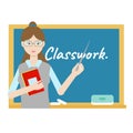 Teacher hands stick standing at the blackboard with classwork text. Flat vector illustration school teacher on white background