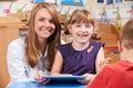 Teacher Helping Elementary Scool Pupil To Use Digital Tablet Royalty Free Stock Photo
