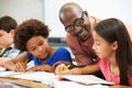 Teacher Helping Pupils Studying At Desks In Classroom Royalty Free Stock Photo