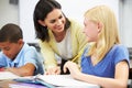 Teacher Helping Pupils Studying At Desks In Classroom Royalty Free Stock Photo