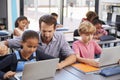 Teacher helping young students using laptops in class Royalty Free Stock Photo