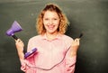 Teacher hold table lamp in hand chalkboard background. Knowledge day. Insight and idea. Educational idea. Woman work on