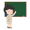 teacher holding chalk and book on green chalkboard Royalty Free Stock Photo