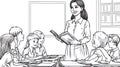 Teacher reading book to children in elementary school classroom, black and white line art Royalty Free Stock Photo