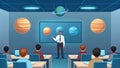 Teacher instructing students about planets in a classroom with solar system display learning Royalty Free Stock Photo