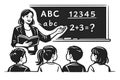 Teacher instructing young students on AB Cs and basic math at blackboard classroom learning Royalty Free Stock Photo
