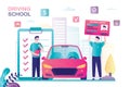 Teacher or instructor controls quality of training. Male student holds driver licence. Modern vehicle near. Driving school banner