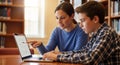Teacher guiding teenager on laptop usage in library setting. Generative AI. Royalty Free Stock Photo