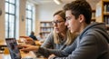 Teacher guiding teenager on laptop usage in library setting. Generative AI. Royalty Free Stock Photo